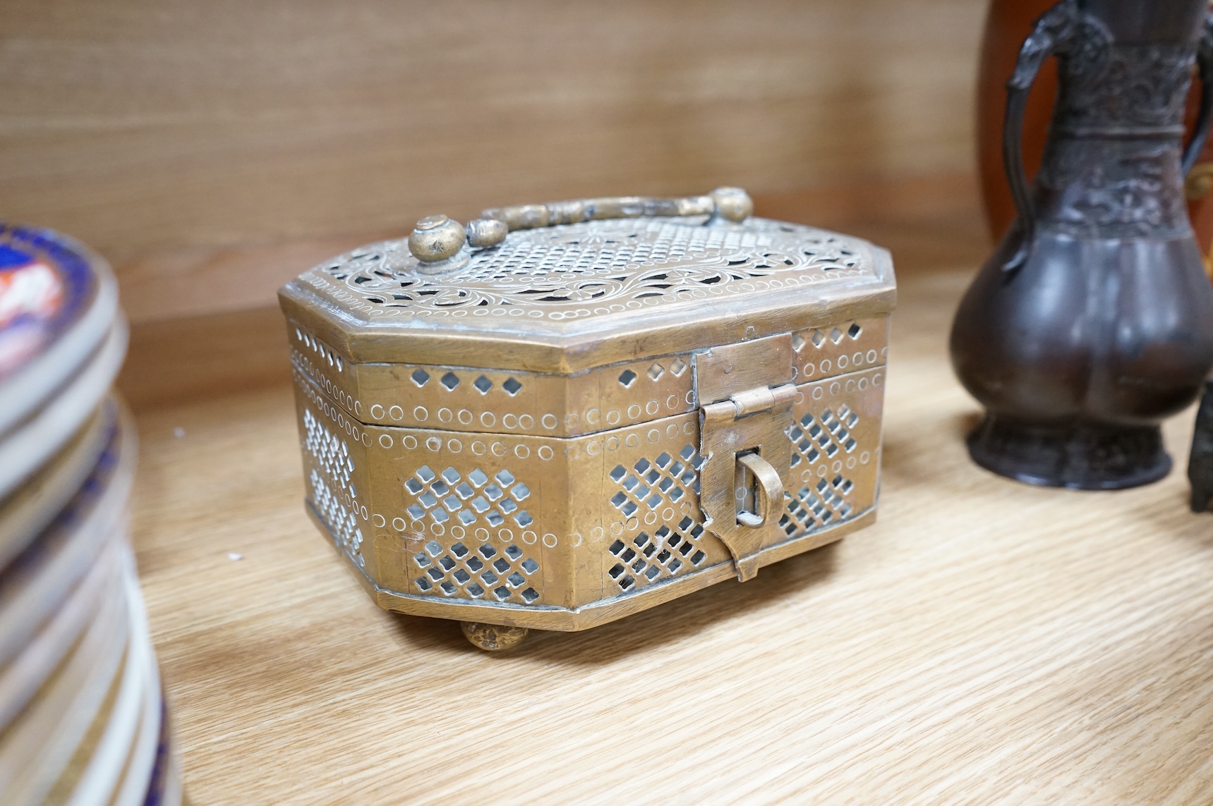 A Japanese archaistic bronze vase, seal mark to base, together with two Indian brass Paan boxes and a Medieval revival bronze casket, tallest 26cm
